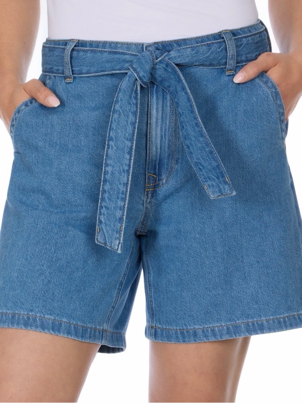 Tommy Hilfiger womenโs Classic High-Waist Tie-Belt Denim Shorts - Blue